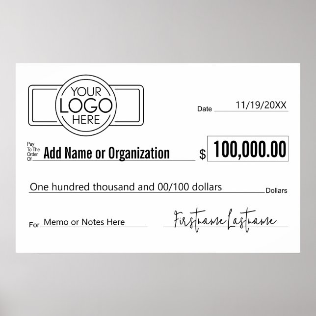 Giant Blank Check for Sweepstakes, Awards, Charity Poster (Front)