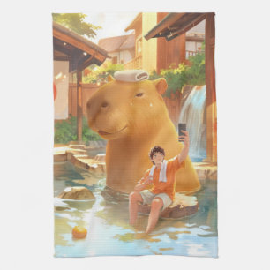 Giant Capybara – Hot Spring Illustration Tea Towel