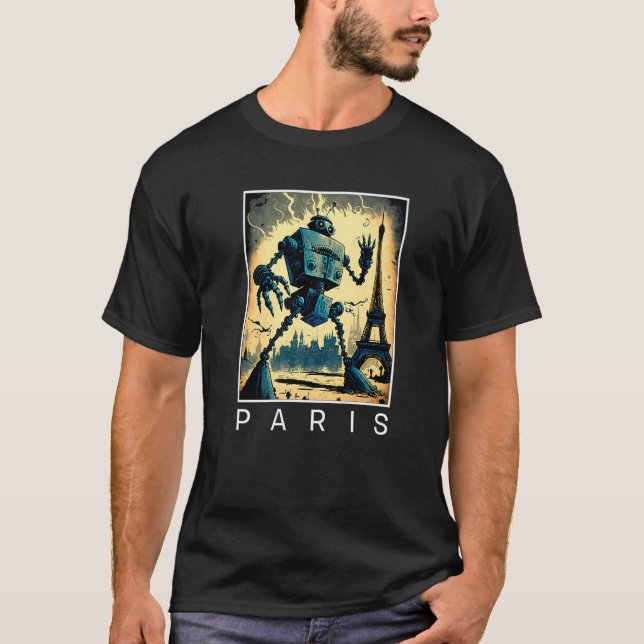 Giant Evil Robot Attacking Paris   Sci Fi T-Shirt (Front)