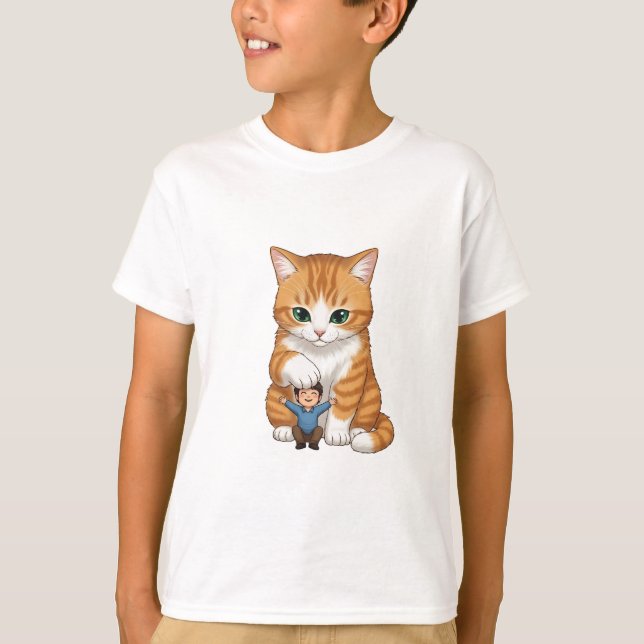 Giant Ginger Tabby Cat and Little Boy Kids T-Shirt (Front)