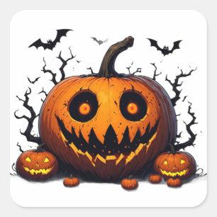 Giant Glowing Pumpkin With Evil Halloween Smile 🎃 Square Sticker