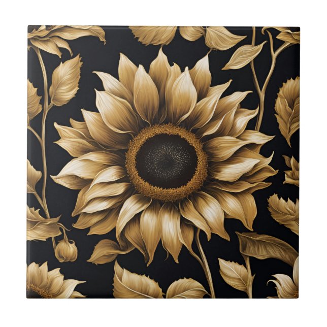 Giant Gold Sunflower on Black Tile (Front)