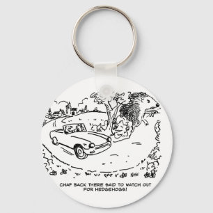Giant Hedgehog and Sports Car Cartoon. Funny Key Ring
