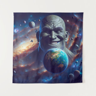Giant Holding Earth with an Awkward Grin Tapestry
