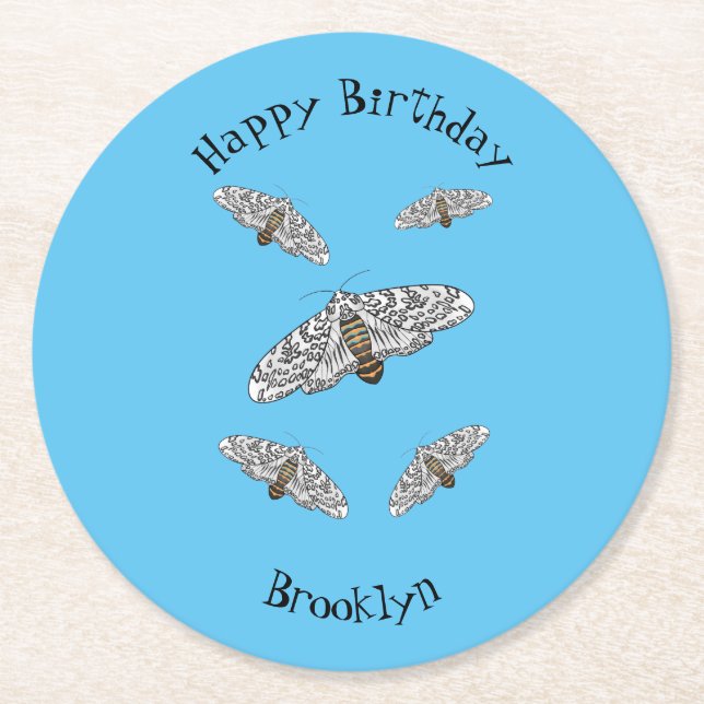 Giant leopard moth cartoon illustration round paper coaster (Front)