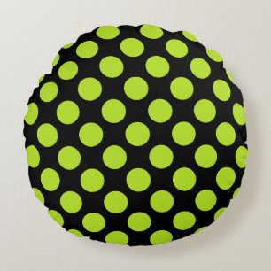 Giant Lime Green Polka Dots on Black Round Pillow