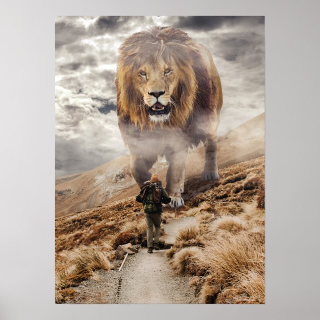 Giant Lion vs Man - Success Mindset Motivational Poster (Front)