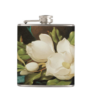 Giant Magnolias on a Blue Velvet Cloth by MJ Heade Hip Flask
