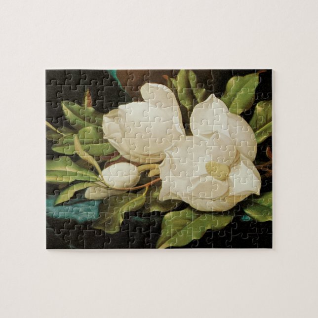 Giant Magnolias on a Blue Velvet Cloth by MJ Heade Jigsaw Puzzle (Horizontal)