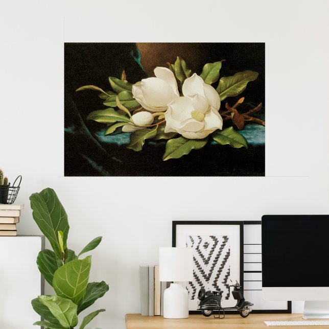 Giant Magnolias on a Blue Velvet Cloth by MJ Heade Poster (Home Office)