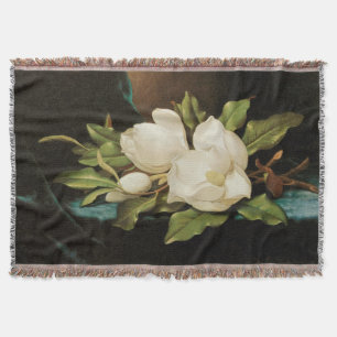 Giant Magnolias on a Blue Velvet Cloth by MJ Heade Throw Blanket