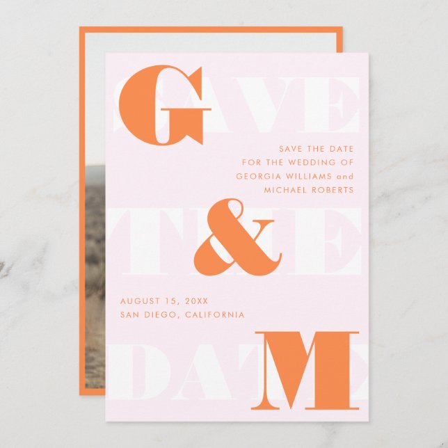 Giant Monogram Ampersand Peach Orange Pink Wedding Invitation (Front/Back)