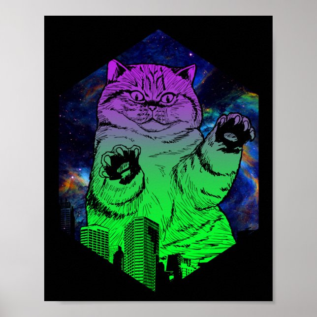 Giant Monster Catzilla Attacks Cat Skyline Poster (Front)