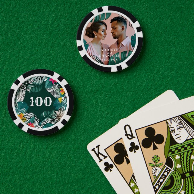Giant Monstera Jungle Leaves Engaged Wedding Photo Poker Chips (Poker Table (Double))