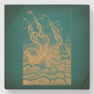 Giant Octopus Attacking Ship Teal Antique Kraken Stone Coaster