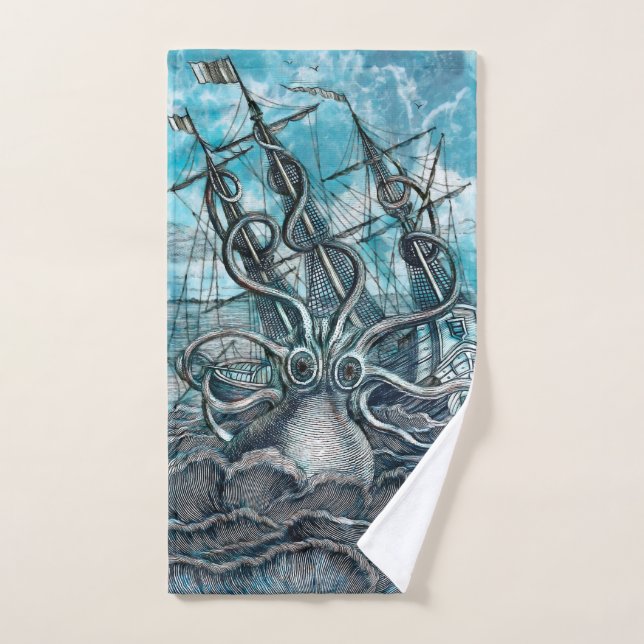 Giant Octopus Blue Sea Monster Sailboat Bath Towel Set (Hand Towel)