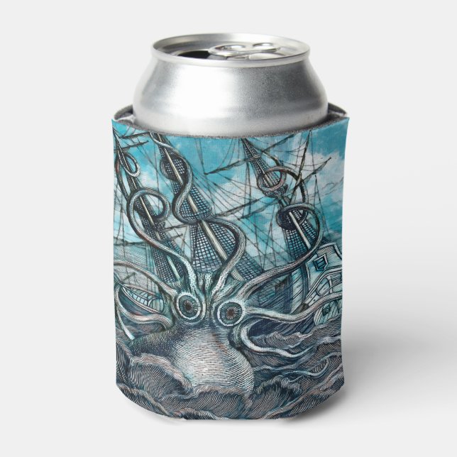 Giant Octopus Blue Sea Monster Sailboat Can Cooler (Can Front)