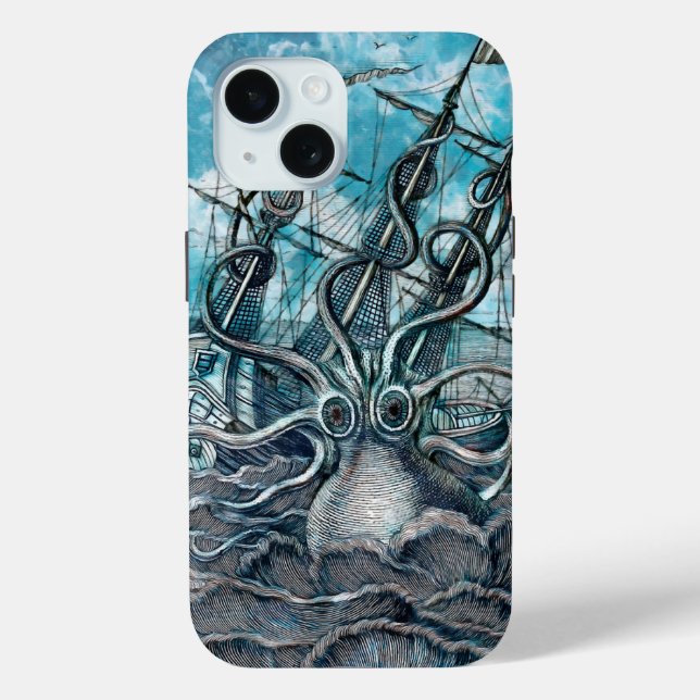 Giant Octopus Blue Sea Monster Sailboat  Case-Mate iPhone Case (Back)