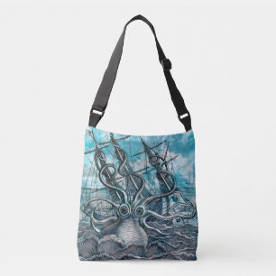 Giant Octopus Blue Sea Monster Sailboat Crossbody Bag