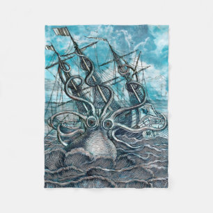 Giant Octopus Blue Sea Monster Sailboat Fleece Blanket