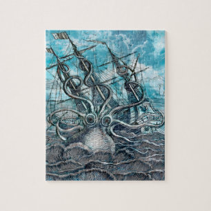 Giant Octopus Blue Sea Monster Sailboat Jigsaw Puzzle