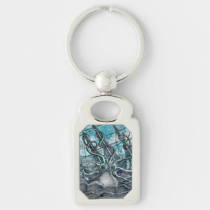 Giant Octopus Blue Sea Monster Sailboat Key Ring