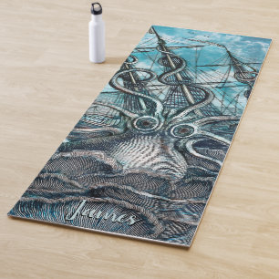 Giant Octopus Blue Sea Monster Sailboat Monogram Yoga Mat