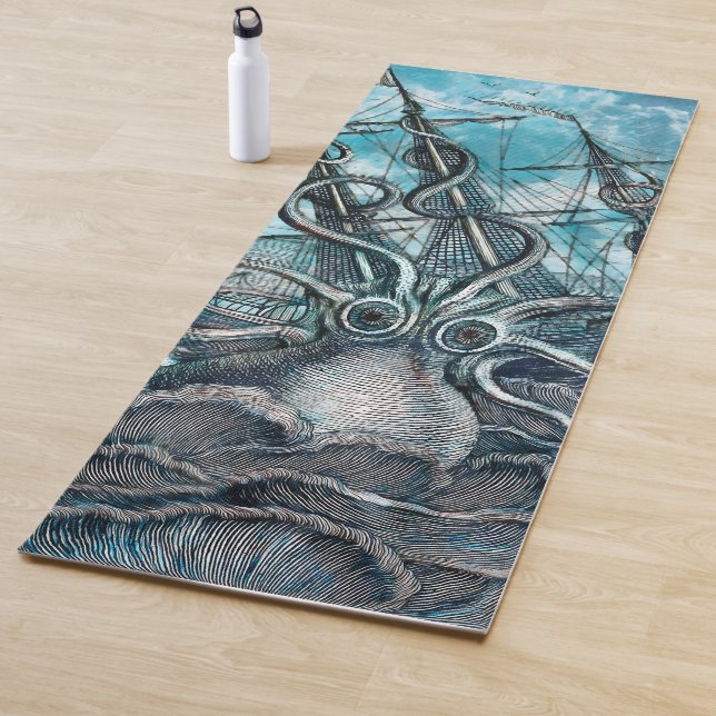 Giant Octopus Blue Sea Monster Sailboat  Yoga Mat (In Situ)