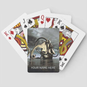 Giant octopus bringing down a pirate ship playing cards