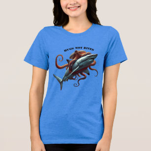 Giant Octopus Hugging a Huge Great White Shark URM Tri-Blend Shirt