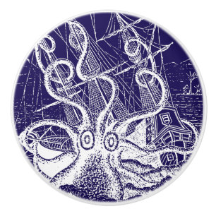 Giant Octopus Kraken Attack navy blue Ceramic Knob