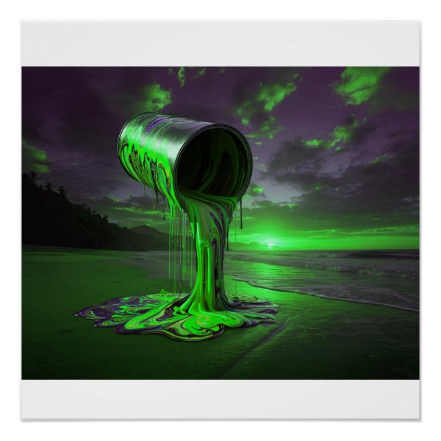 Giant Paint Can Pours Paint Onto Sunset Beach Poster (Front)