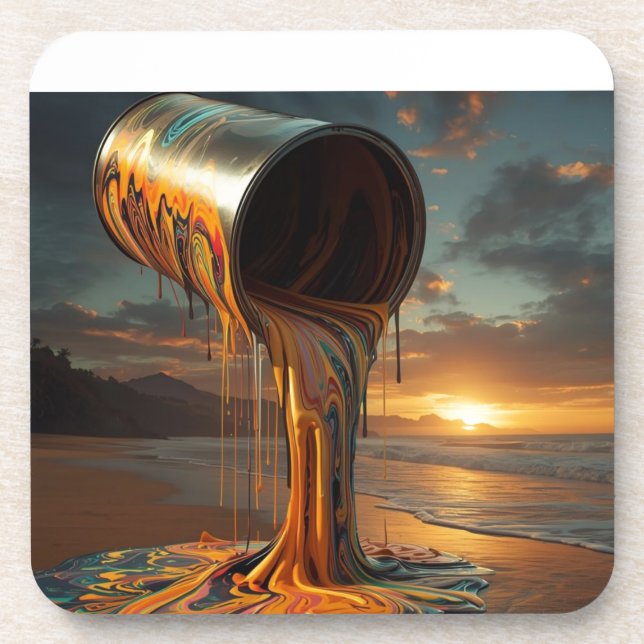 Giant Paintcan Pours Paint Onto Sunset Beach Coaster (Front)
