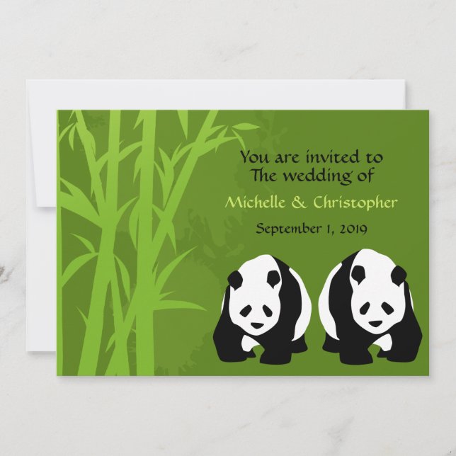 Giant Panda Bears and Green Bamboo Forest Wedding Invitation (Front)