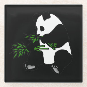 Giant Panda Eats Bamboo Black Glass Coaster