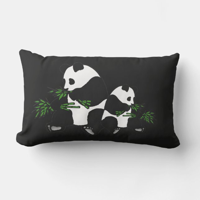 Giant Panda Eats Bamboo Black Lumbar Cushion (Front)