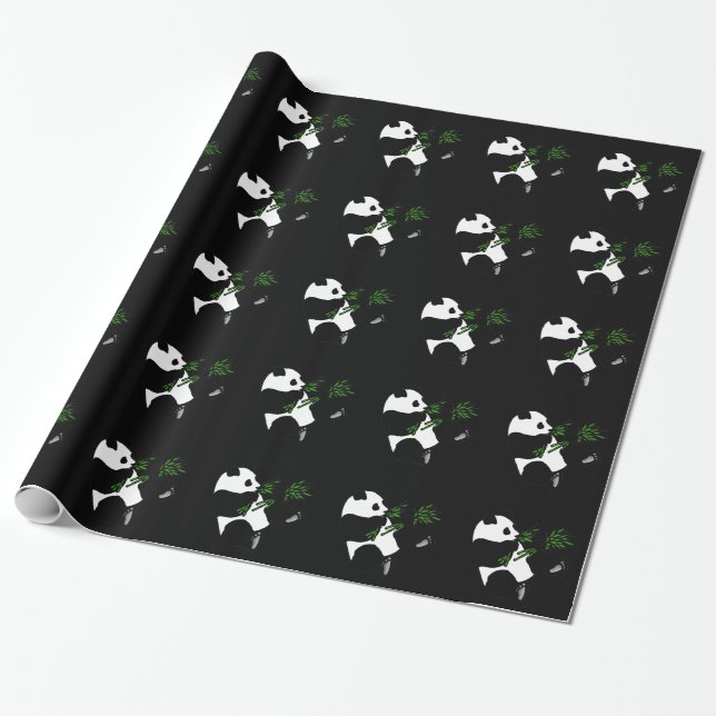Giant Panda Eats Bamboo Black Wrapping Paper (Unrolled)