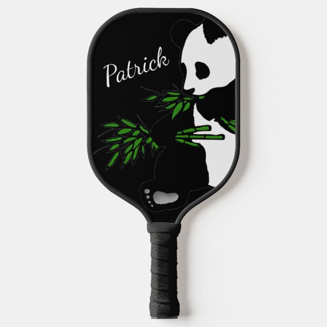 Giant Panda Eats Bamboo Name Black Pickleball Paddle (Front)