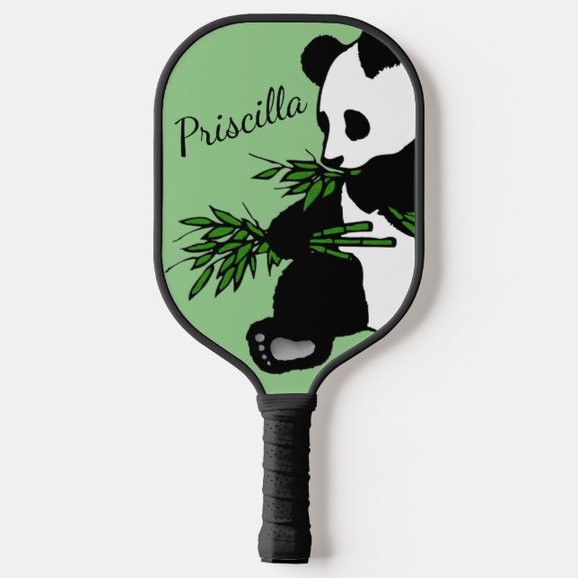 Giant Panda Eats Bamboo Name Green Pickleball Paddle (Back)