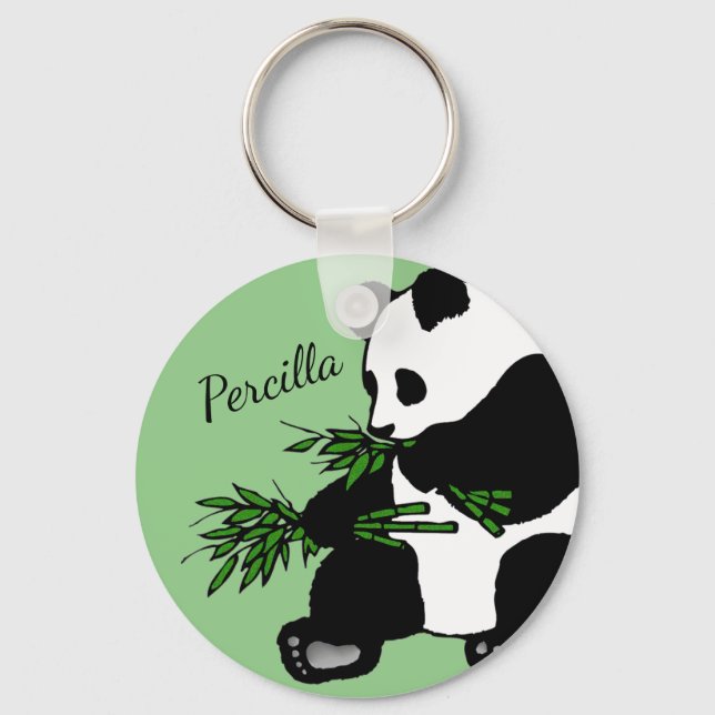 Giant Panda Eats Bamboo Name Key Ring (Front)