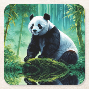 Giant Panda in Bamboo Forest Square Paper Coaster