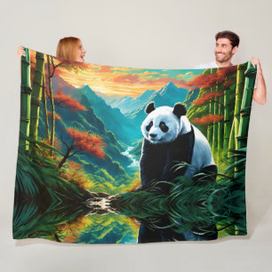 Giant Panda in Colourful Mountain Bamboo Forest Fleece Blanket