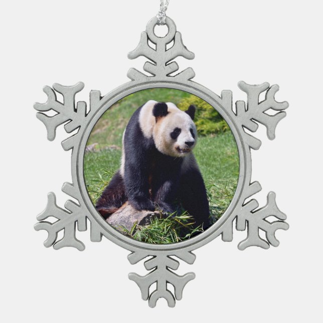 Giant panda sitting on a stone   snowflake pewter christmas ornament (Front)