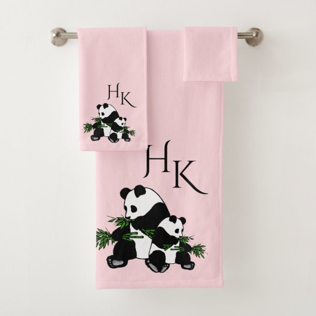 Giant Pandas Monogram Pink Bath Towel Set (Insitu)