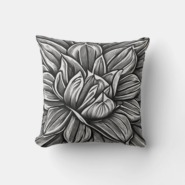 Giant Peony Flower Pattern in Black and White Cushion (Front)
