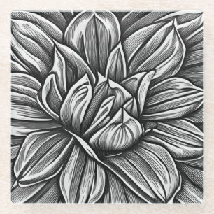Giant Peony Flower Pattern in Black and White Glass Coaster