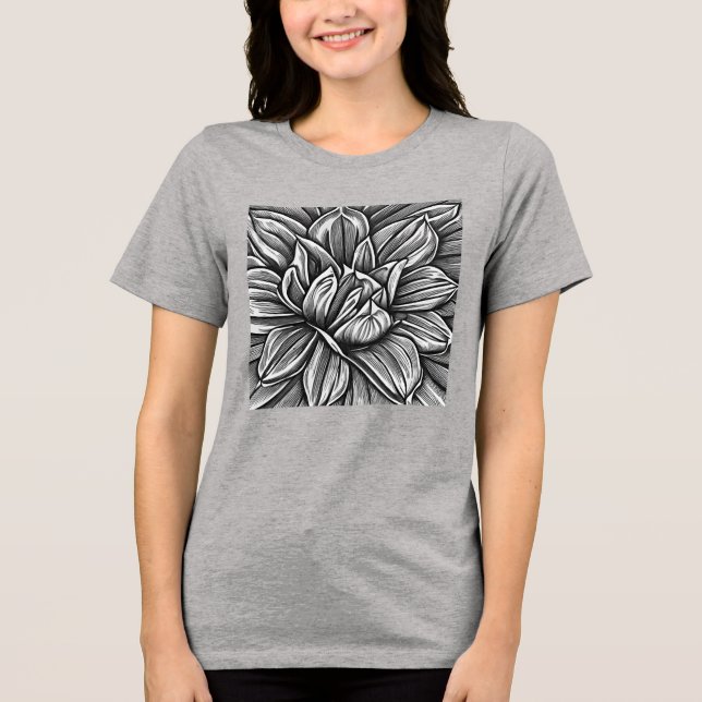 Giant Peony Flower Pattern in Black and White Tri-Blend Shirt (Front)