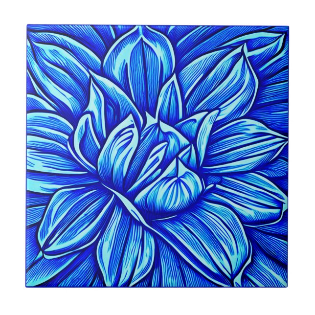 Giant Peony Flower Pattern in Indigo Blue Tile (Front)