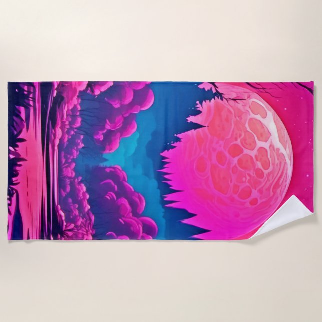 Giant Pink Moon Art Beach Towel (Front)