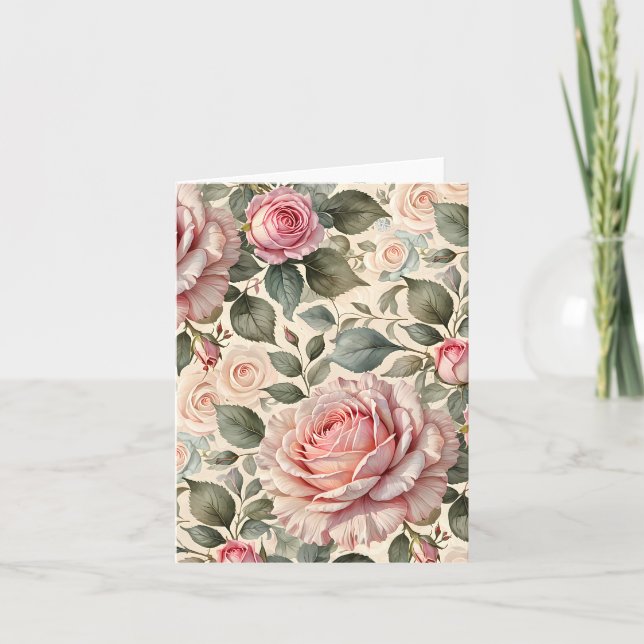 Giant Pink Rose and Buds Botanical Card (Front)